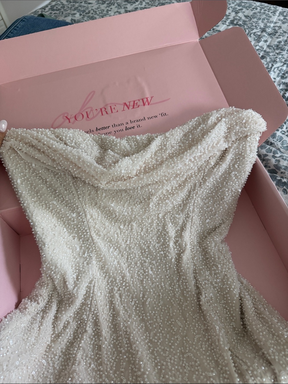 Oh Polly Pearl-Embellished Cream Off-Shoulder Dress